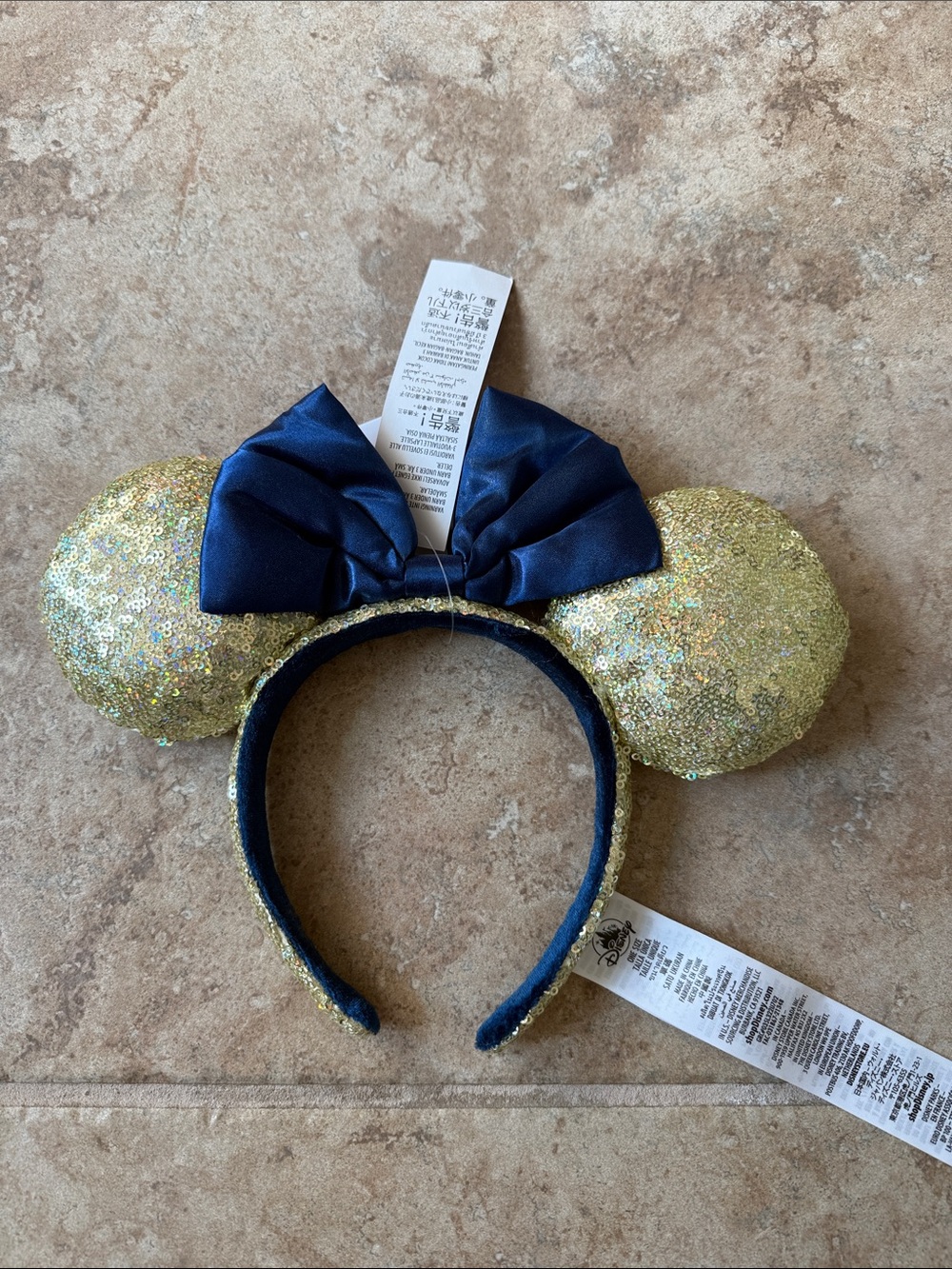 Disney Gold Sequin Minnie Ears with Navy Bow
